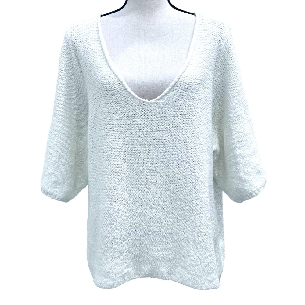 PURE DKNY WHITE V NECK SHORT SLEEVE CHUNKY KNIT V NECK BOXY SWEATER